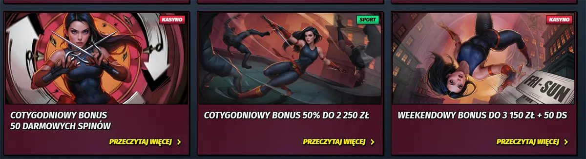 Polish casino and sports promo cards featuring a weekly bonus with 50 free spins, a 50% bonus up to 2,250 zł, and a weekend bonus up to 3,150 zł plus 50 free spins, each with action-themed artwork and “Przeczytaj więcej” links.
