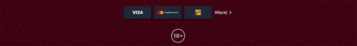 Payment methods footer with Visa, Mastercard, and Maestro icons, a “Więcej” link, and an 18+ badge on a red patterned background.