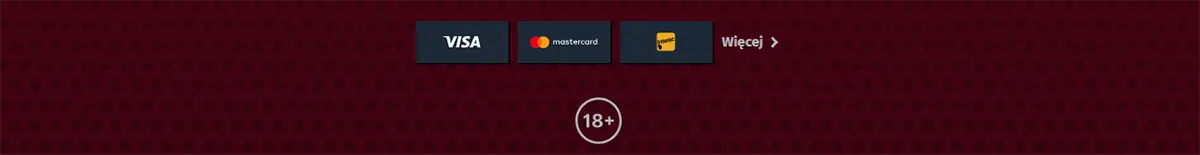Payment methods footer with Visa, Mastercard, and Maestro icons, a “Więcej” link, and an 18+ badge on a red patterned background.
