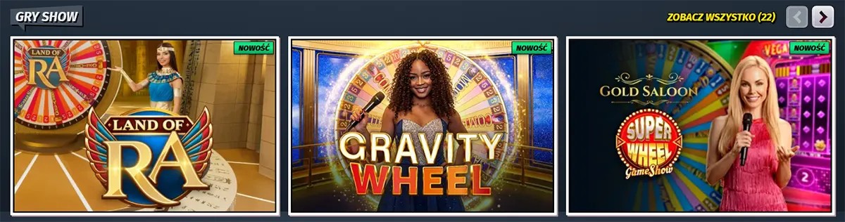 Game show section featuring Land of Ra, Gravity Wheel, and Gold Saloon Super Wheel, with “Nowość” labels, presenter images, and a “Zobacz wszystko” link on a dark blue casino interface.