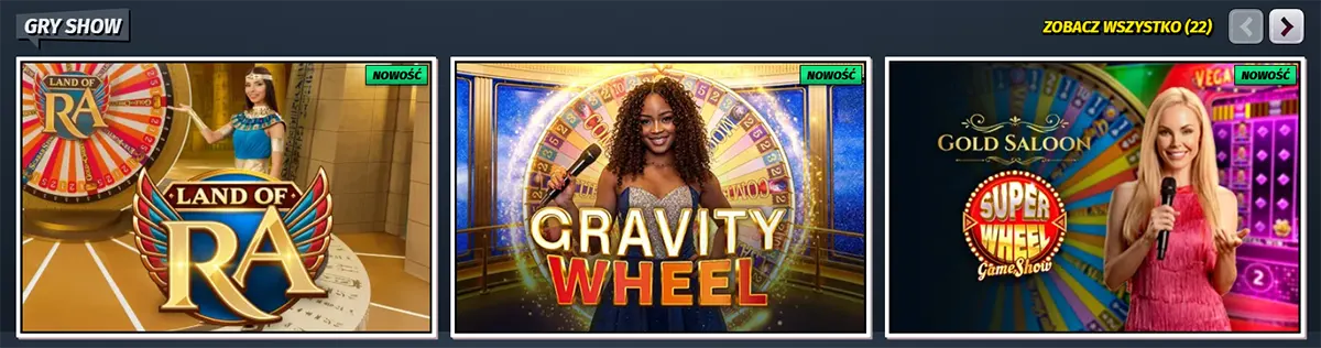 Game show section featuring Land of Ra, Gravity Wheel, and Gold Saloon Super Wheel, with “Nowość” labels, presenter images, and a “Zobacz wszystko” link on a dark blue casino interface.