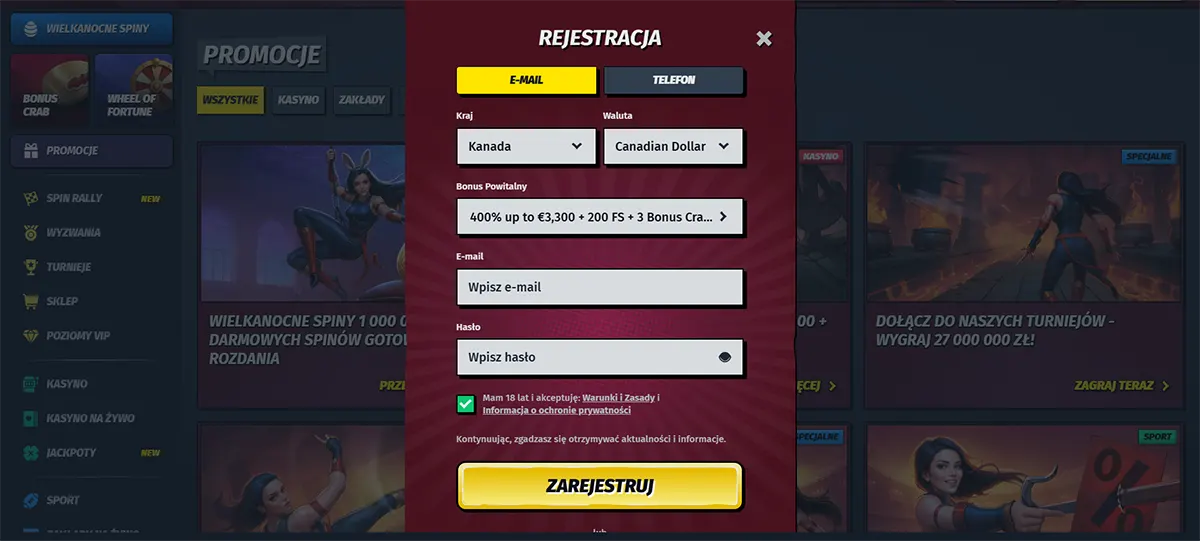Polish casino registration popup with email and phone tabs, country and currency dropdowns, welcome bonus selector, email and password fields, consent checkbox, and a yellow “Zarejestruj” button over a dark promotions page.